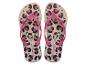Beige Flip-Flops mit pink-schwarzem Leopardenmuster und pinken Riemen.