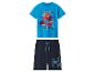 Jungen-Pyjama-Set mit blauem Kurzarm-T-Shirt mit Superhelden-Aufdruck und marineblauen Shorts mit Kordelzug.