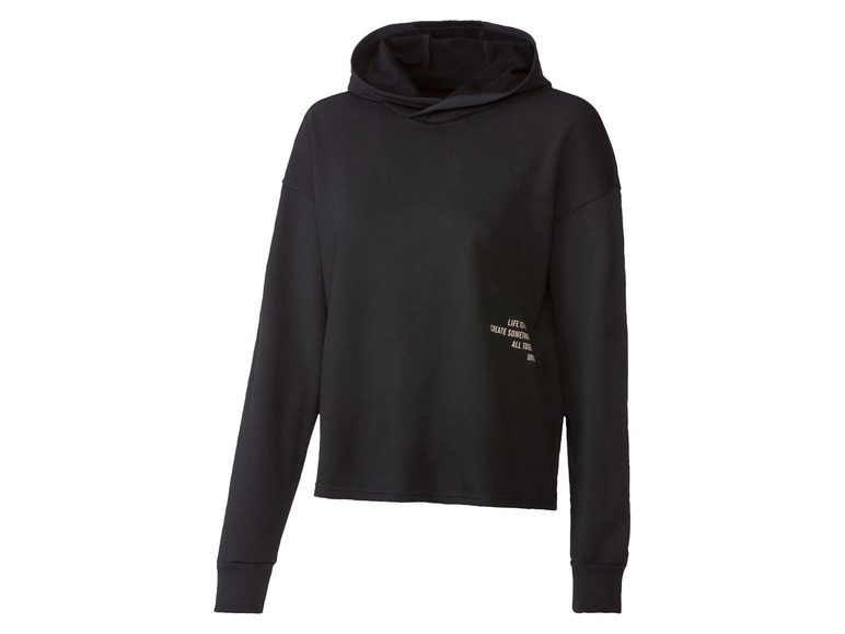 Schwarzer Hoodie mit Kapuze und langen Ärmeln.