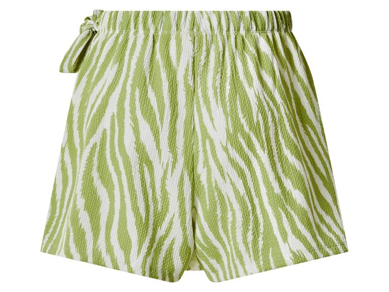 Damen-Shorts mit grün-weißem Zebramuster, elastischem Bund und dekorativer Schleife.