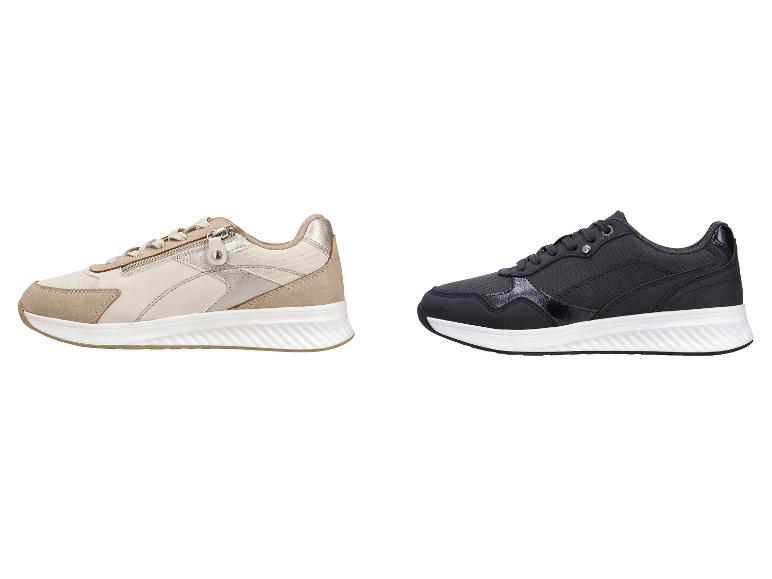 Beige und schwarze Damen-Sneaker mit weißen Sohlen