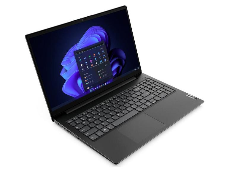 Schwarzer Laptop mit beleuchtetem Bildschirm, der einen blauen Hintergrund und ein Anwendungsmenü anzeigt.