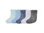 Fünf Paar gestreifte Babysocken in Blau-, Grau- und Weißtönen.