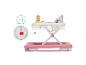 Rosa Babywalker mit verstellbarer Höhe und Spielzeug, mit 3x Höhenverstellungssymbol.