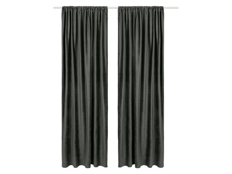 Zwei dunkelgraue Vorhänge mit Falten an der Oberseite