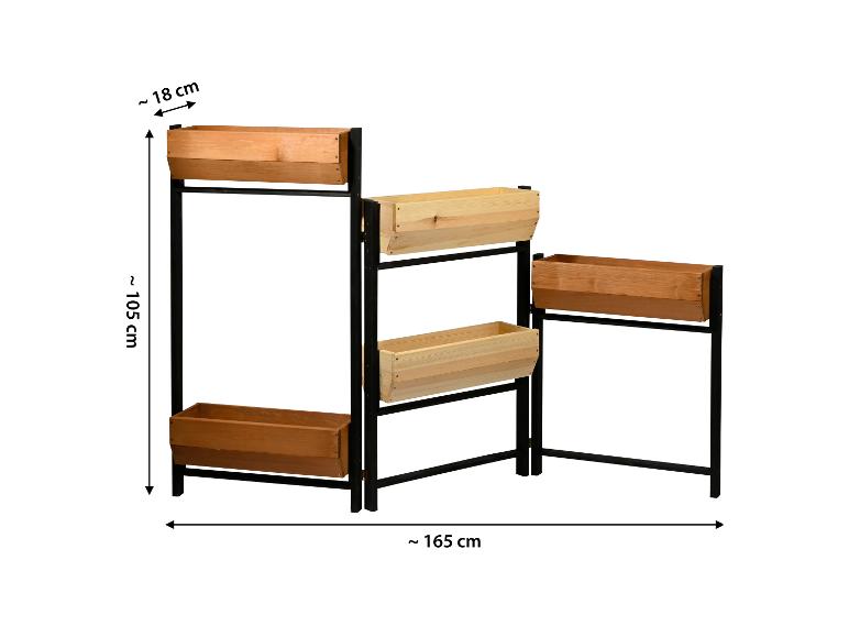 Gestuftes Holz-Pflanzregal mit schwarzem Metallrahmen, ca. 105 cm hoch und 165 cm breit.