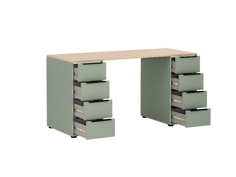 Hellgrüner Schreibtisch mit Holzplatte und offenen Schubladen