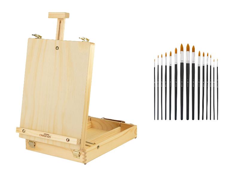 Crelando Staffelei aus Holz mit Pinseln in verschiedenen Größen