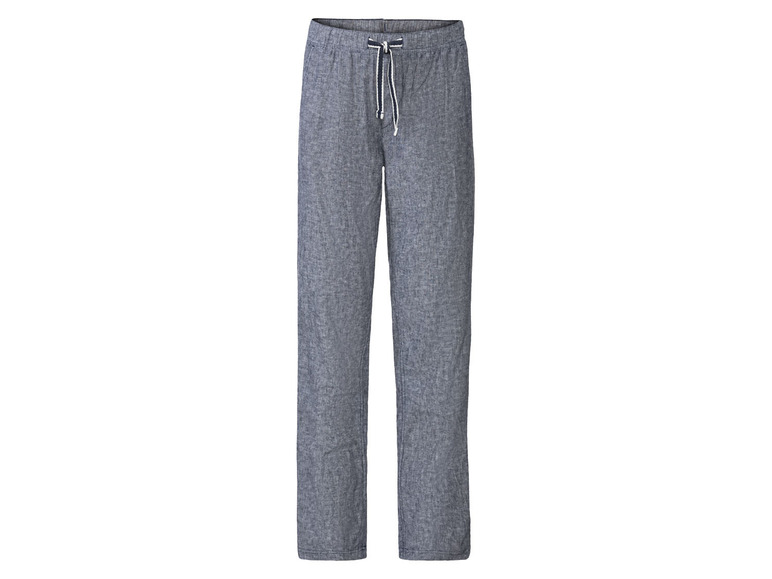 Dunkelblaue Leinenhose mit Kordelzug.