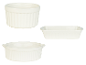 Drei weiße Keramik-Auflaufformen: rund, rechteckig und oval
