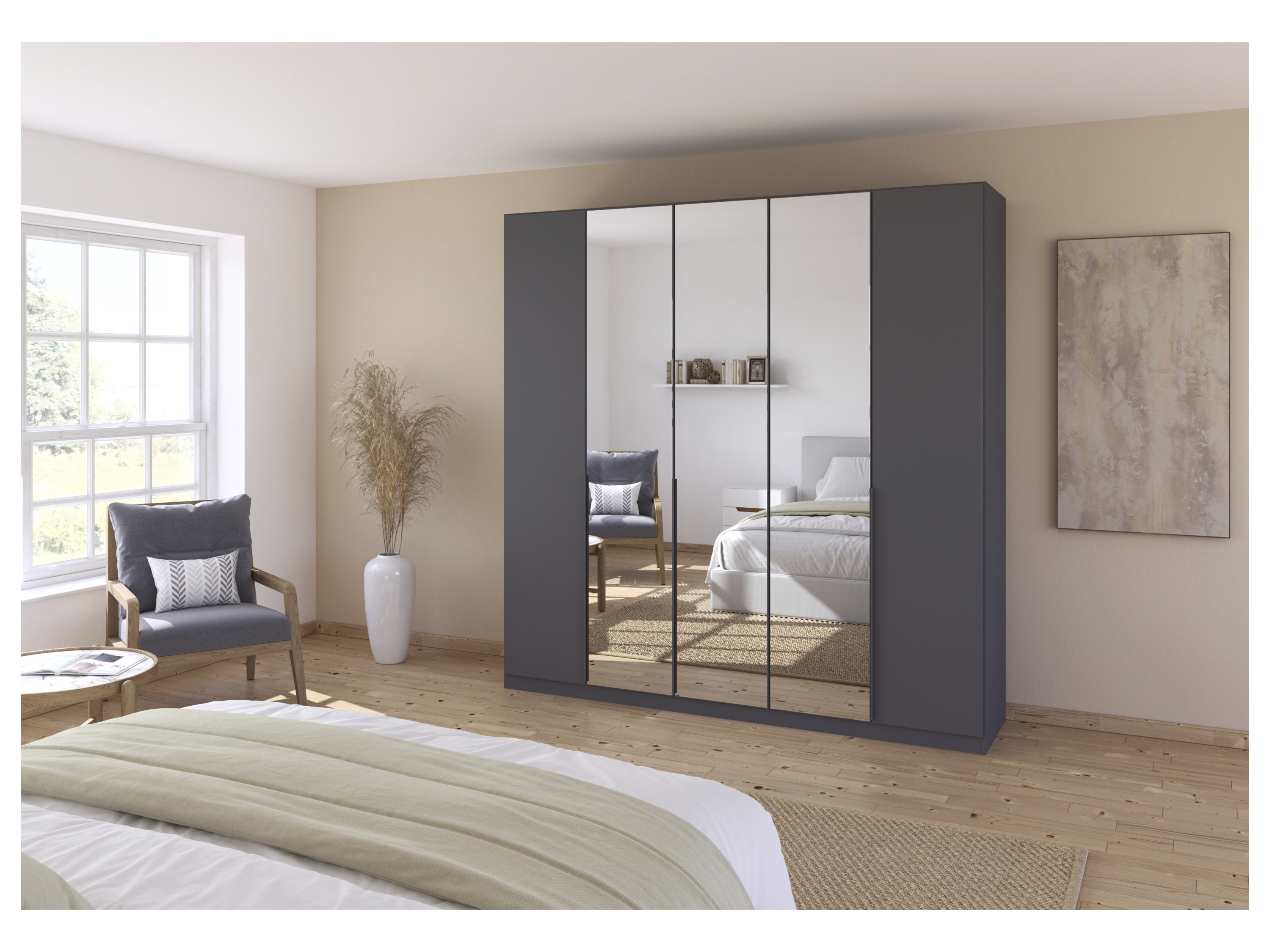 RAUCH ORANGE Drehtürenschrank Alabama mit Spiegel (Premium-Zubehör, Graumetallic, Griffe Grau, 226 x 229 cm) – Bild 2 von 4