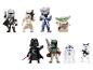 Neun Figuren aus einem beliebten Science-Fiction-Franchise, darunter der Mandalorianer und Darth Vader.