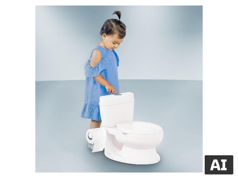 Kleinkind drückt den Knopf des BABYGO Toiletten Trainer Potty. [KI-generiertes Bild]