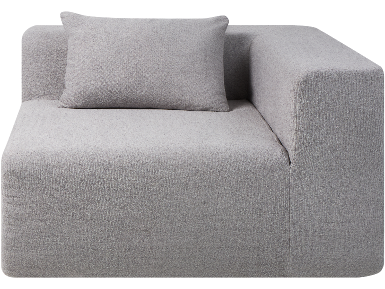 Graues modulares Ecksofa mit Kissen, bezogen mit fein strukturiertem Stoff.