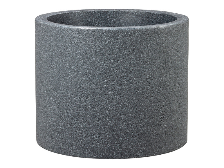 Ein runder, grauer Blumentopf.