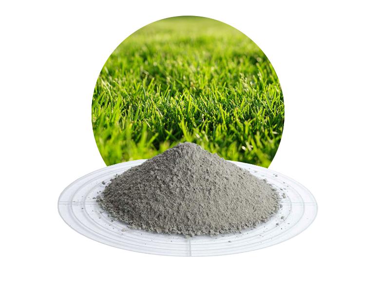 Graues Pulver auf transparentem Teller mit grünem Gras im runden Hintergrund.