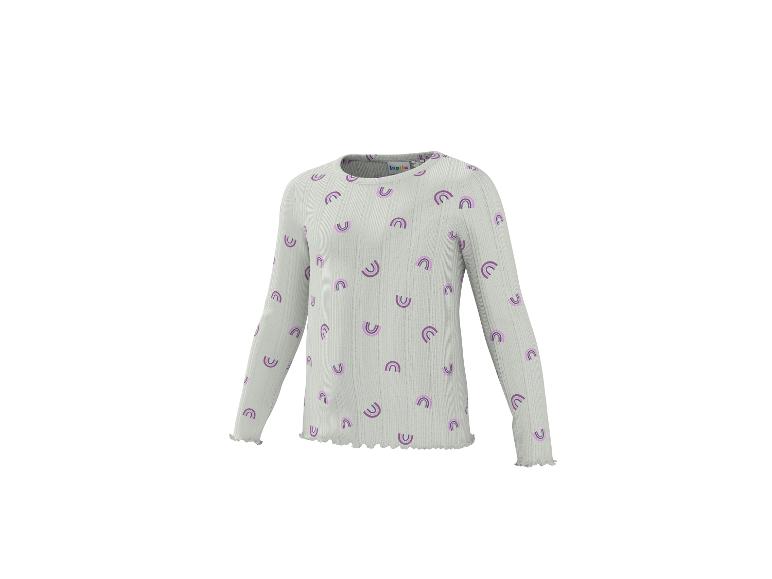 Kinder Langarmshirt, hellgrün mit lila Regenbogen-Prints.
