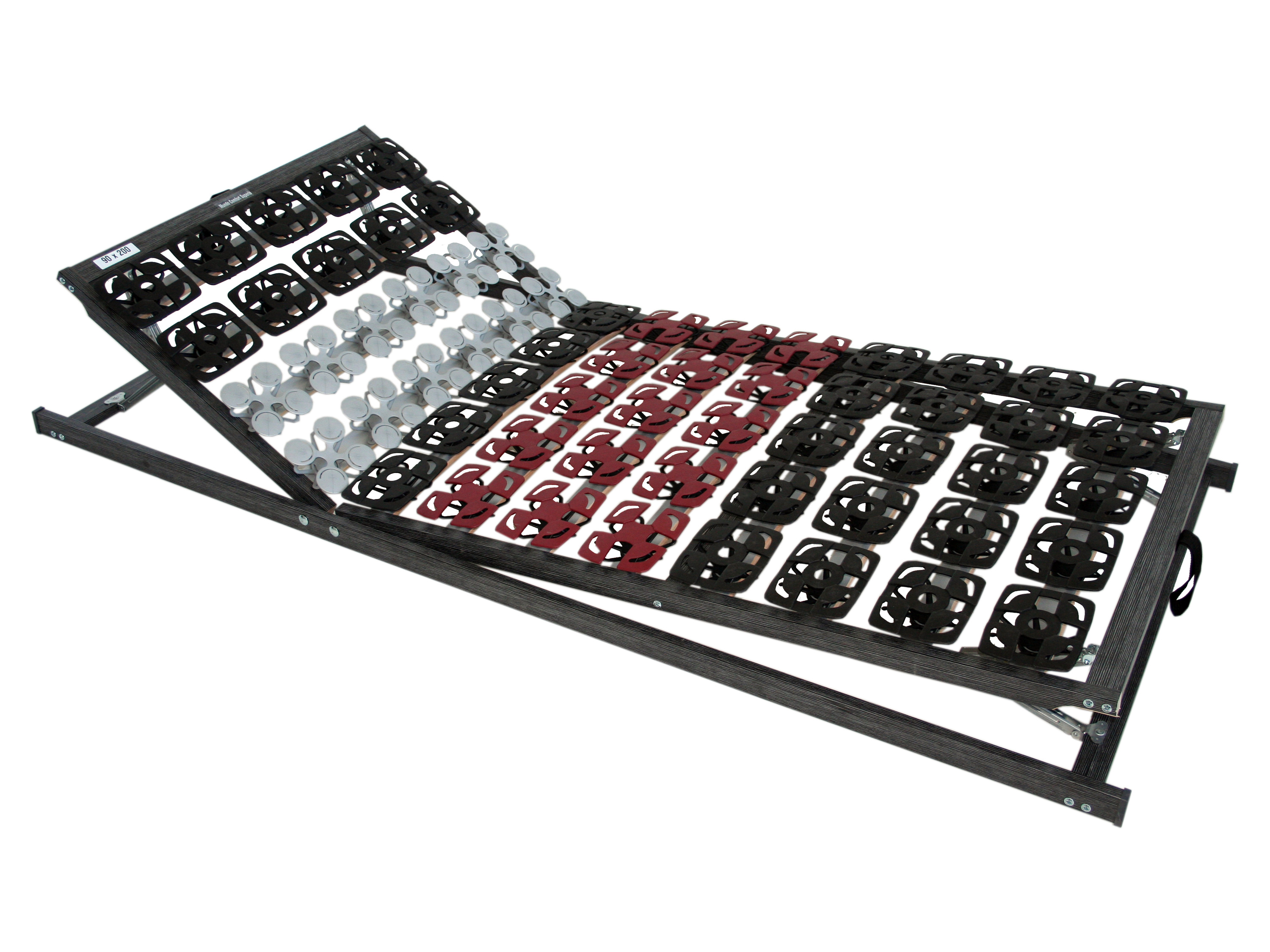 BeCo Tellerlattenrost (Vollmodul, verstellbar, 100 x 200 cm)““ | eine optimale Druckentlastung und ein ideales Bettklima! Dieser ergonomische Lattenrost besitzt 60 punktelastische Feder-Module bei einer Größe von 90×200 und 135 Kontakt-Pads, die sich jeder Körperform ausgesprochen gut anpassen können. Im sensiblen Schulter- und Beckenbereich sorgen besonders anpassungsfähige 4-Punkt-Elemente für die korrekte Lagerung der Wirbelsäule. Zusätzlich garantiert eine spezielle Zonenanordnung das optimale Einsinken in Seitenlage und die perfekte Becken-Unterstützung in Rückenlage. Der Tellerrahmen punktet außerdem durch sein orthopädisches 2-Phasen-Prinzip: in der ersten Phase sinkt der Körper dank der Module weich ein, in der zweiten Phase wird, bei zunehmender Belastung durch den Einsatz von verstärkten Träger-Federleisten