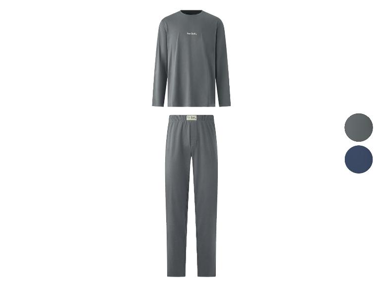 Dunkelgraues Herren-Pyjama-Set mit Langarmshirt und Hose, mit Logo.