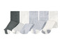 Ein Set mit sechs Paar Socken, darunter graue, weiße und gestreifte.