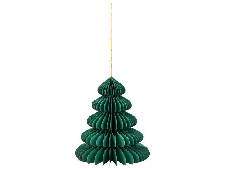 Grüne Papier-Weihnachtsbaumdekoration, hängend.