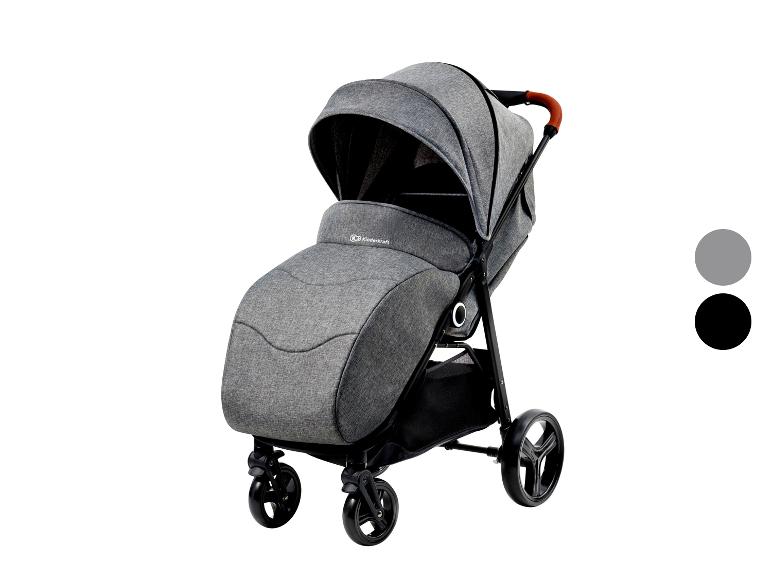 Grauer Kinderwagen mit braunem Griff und schwarzen Rädern.
