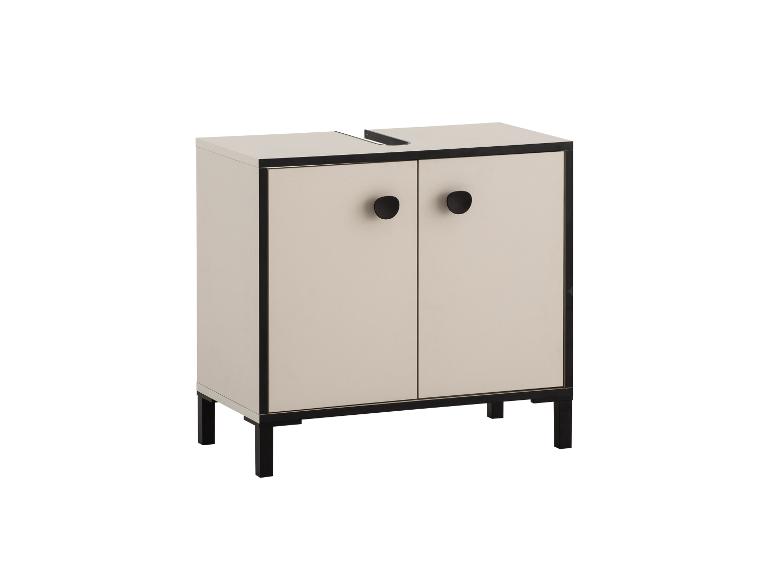 Badezimmermöbel mit integriertem Waschbecken, beiger Schrank mit schwarzen Griffen und Beinen.