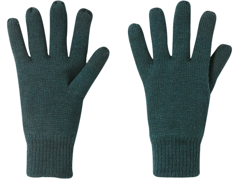 Ein Paar dunkelgrüne Strickhandschuhe, einer zeigt die Handfläche und der andere den Handrücken.