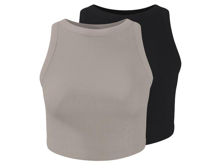 Zwei gerippte Tanktops, eines beige und eines schwarz, für Damen.