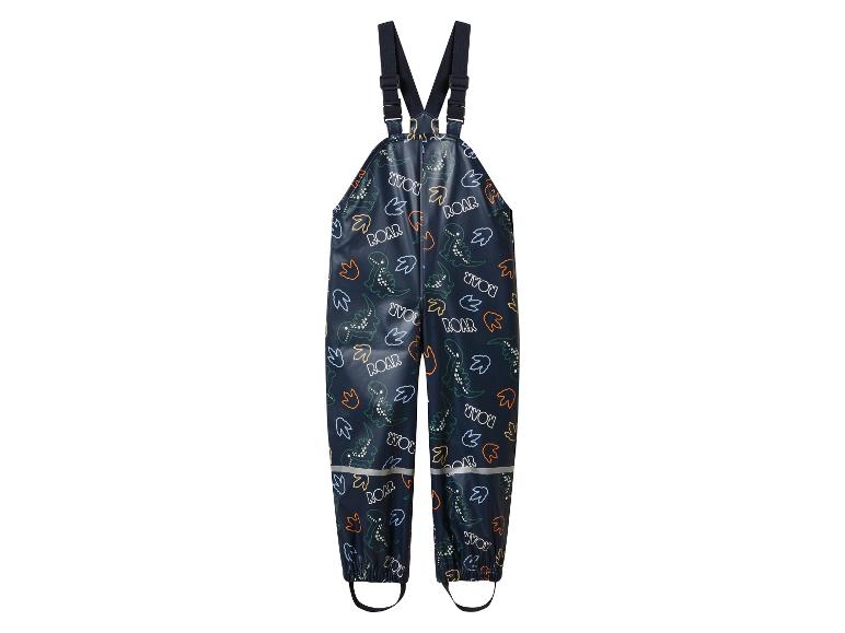 Kinder-Regenhose mit Trägern, Dinosaurier-Print und reflektierenden Details.