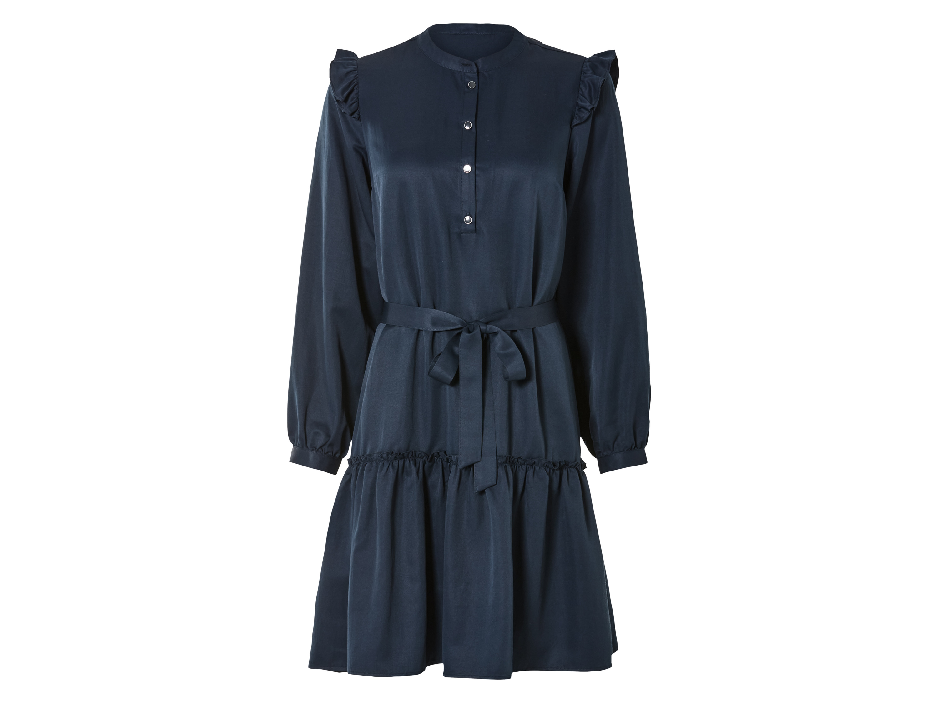 esmara® Damen Blusenkleid (Marine, 40)““ | marine: Stehkragen Ärmellänge: lang Länge: mini Material: Lyocell Tencel Polyester Pflegehinweis: waschen bei max. 30°C Pflegeleicht nicht bleichen nicht im Wäschetrockner trocknen bügeln bis 110 °C Stufe 1. Kein Bügeln mit Dampf nicht trockenreinigen Größe: XS 32/34 – L 44/46 Meine Lidl-Größe – so einfach gehts Einfach den Lidl-Größenrechner besuchen. Für deine Personengruppe und Produktgruppe die gemessenen Körpermaße eintragen und dann den Berechnen-Button betätigen. Schon wird dir deine Größe angezeigt. Oeko-Tex® Standard 100 Geprüft auf Schadstoffe Zertifizierungsnummer: 09.0.68536 Hohenstein HTT Standard 100 by Oeko-Tex® ist die weltweit bekannteste, unabhängige Zertifizierung schadstoffgeprüfter Textil- und Lederprodukte aller Art – vom Garn und den Stoffen bis hin zum gebrauchsfertigen Artikel. Das Label bestätigt