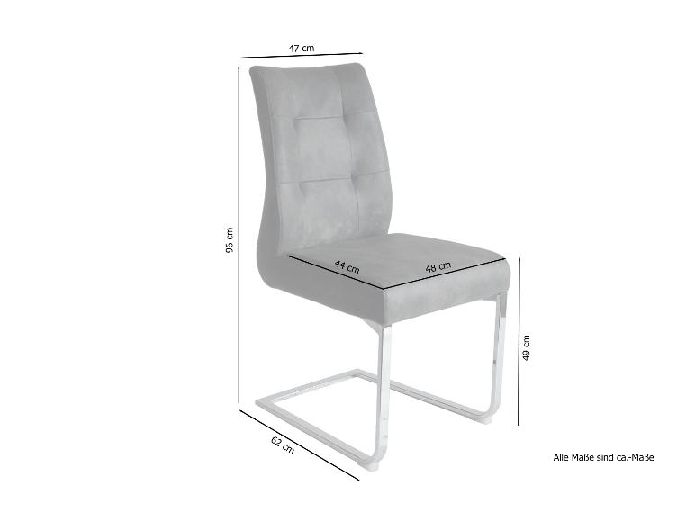 Maße eines grauen Samtstuhls mit verchromtem Gestell.