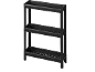 Schwarzes dreistöckiges Regal mit länglichen Fächern, ideal zur Aufbewahrung oder zum Anbau.