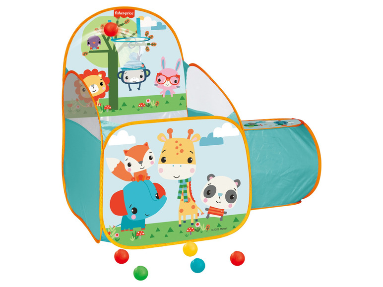 Ein Fisher-Price Spielhaus mit einem Basketballkorb und einem Tunnel.