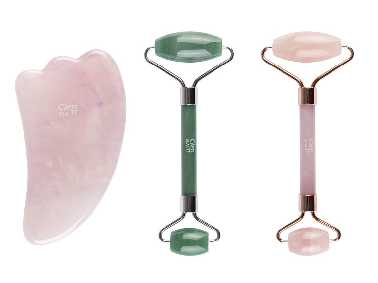 Zwei Jade-Roller und ein Rosenquarz Gua Sha von Cien Beauty.