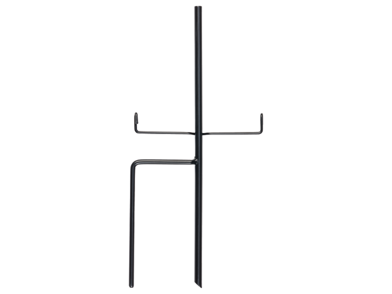 Schwarzer Metall-Gartenstecker mit zwei horizontalen Armen und einer unteren Stütze.