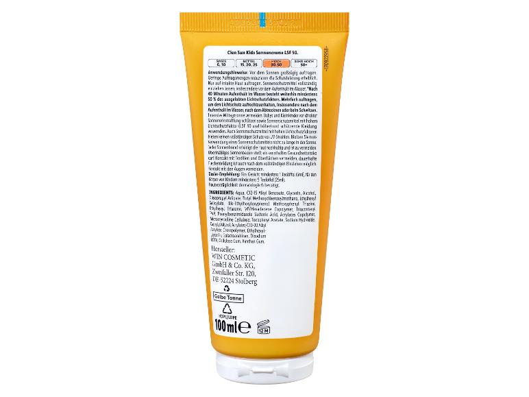 Kinder-Sonnencreme LSF 50 mit Anweisungen und Inhaltsstoffen.