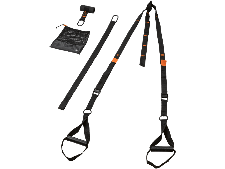 Schwarzes Schlingentrainer-Set mit orangefarbenen Details, inklusive Gurten, Griffen und Netztasche.