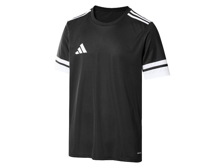 Schwarzes Adidas Sport-T-Shirt mit weißen Streifen an Schultern und Ärmeln.