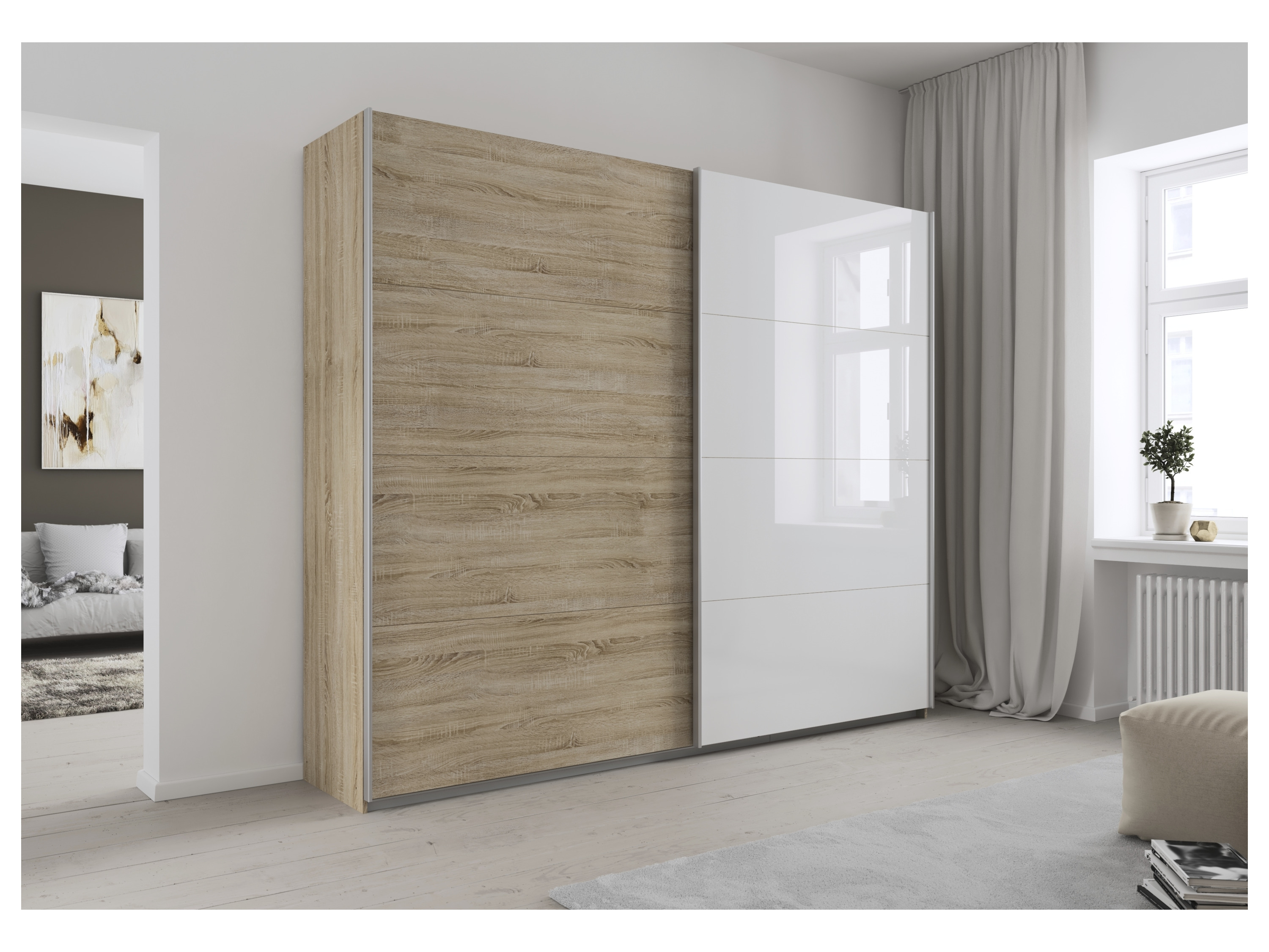 RAUCH ORANGE Quadra Schwebetürenschrank mit Glaselementen (Premium-Zubehör, Korpus:Eiche, Glas:Weiß, 271 x 230 cm) – Bild 2 von 4