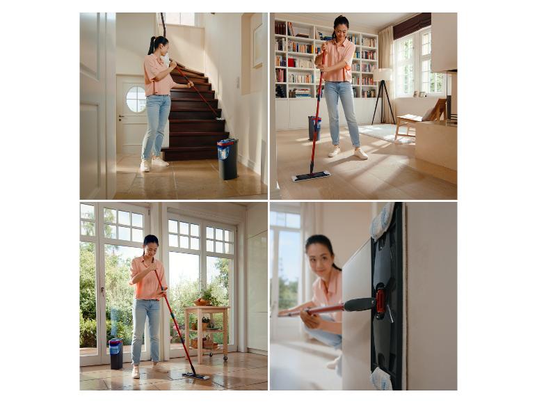 Frau reinigt verschiedene Räume mit Mopp und Eimer.