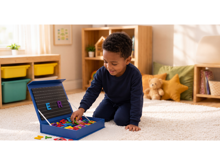 Lächelnder Junge spielt mit Magnetbuchstaben auf einem Teppich im Kinderzimmer.
