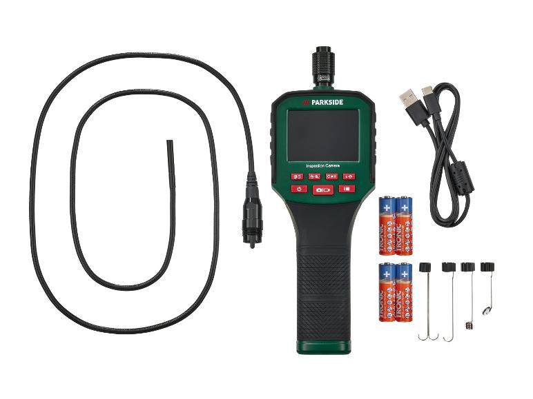 Inspektionskamera mit flexiblem Endoskop, USB-Kabel, Batterien und diversem Zubehör.