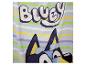 Bluey-Charakterhandtuch mit bunten Streifen und dem Wort „Bluey“ oben.