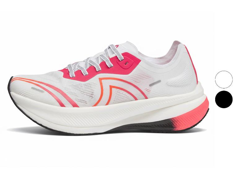 Weißer Laufschuh mit pinken und orangen Details.