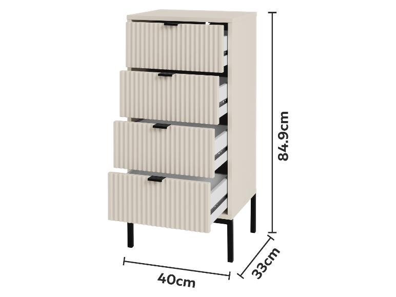 Hohe, schmale Kommode mit 4 hellbeigen Schubladen, schwarzen Griffen und Beinen, Maße 84.9x40x33cm.