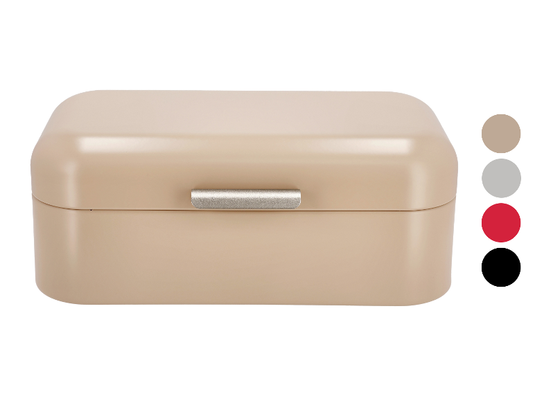 Beige Brotdose mit Metallgriff, mit Farbmustern in Grau, Rot und Schwarz.