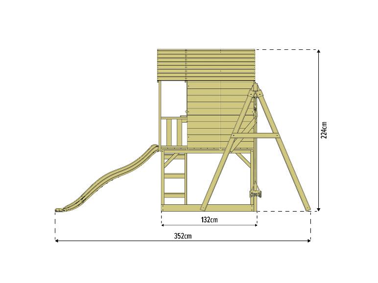Kinderspielhaus aus Holz mit Rutsche und Schaukel, Maße 352x132x224 cm.