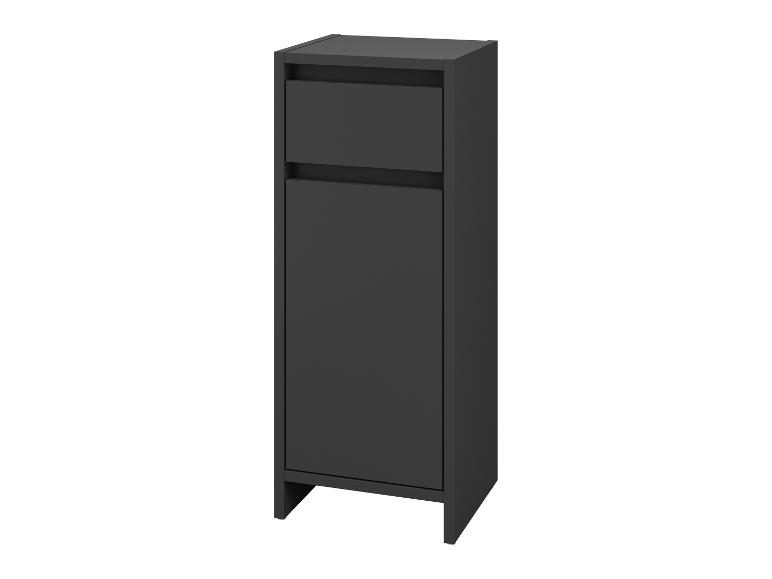 Schwarzer Hochschrank mit zwei Schubladen und einer Tür, ideal zur Aufbewahrung.