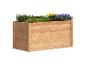 Hochbeet aus Holz mit verschiedenen Kräutern und bunten Blumen